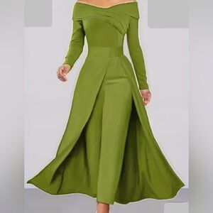 Elegant Green Off-Shoulder Dress/Pant Suit
